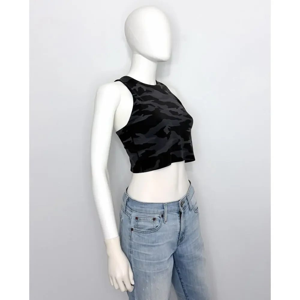 Athleta Conscious Crop Top Bra Women M Black Gray Camo Racerback Logo